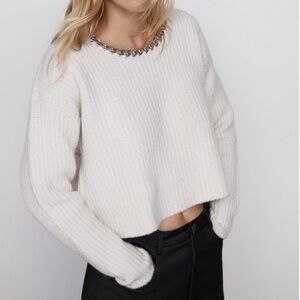 Zara Chain Neck Cropped Cream Ivory Knit Sweater Women Size Medium